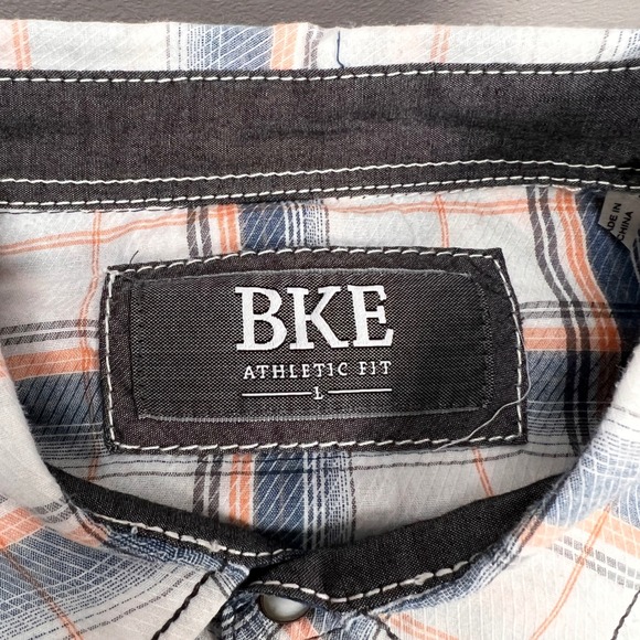 BKE Athletic Fit Mens L Plaid Pearl Snap Long Sleeve Blue Orange Buckle White - Picture 4 of 8
